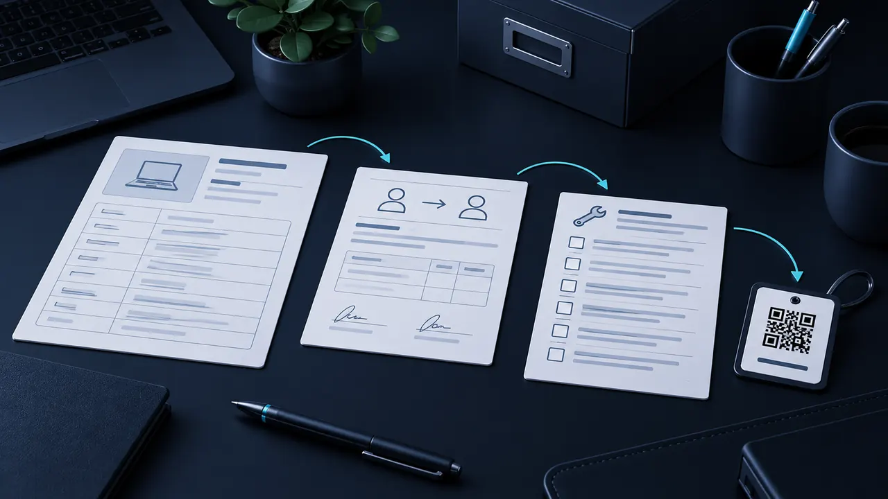 Ficha de activo, acta de entrega, lista de mantenimiento y etiqueta QR