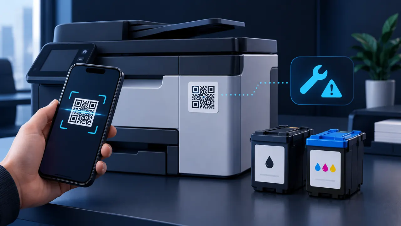 Impresora con etiqueta QR escaneada desde un móvil junto a consumibles